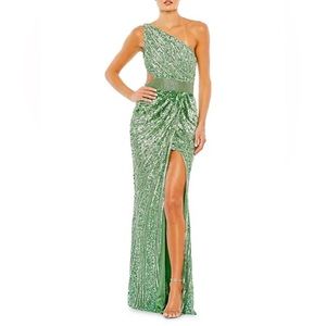 MAC DUGGAL Sequined One Shoulder Draped Lace-up Gown in Sage 6 -worn once